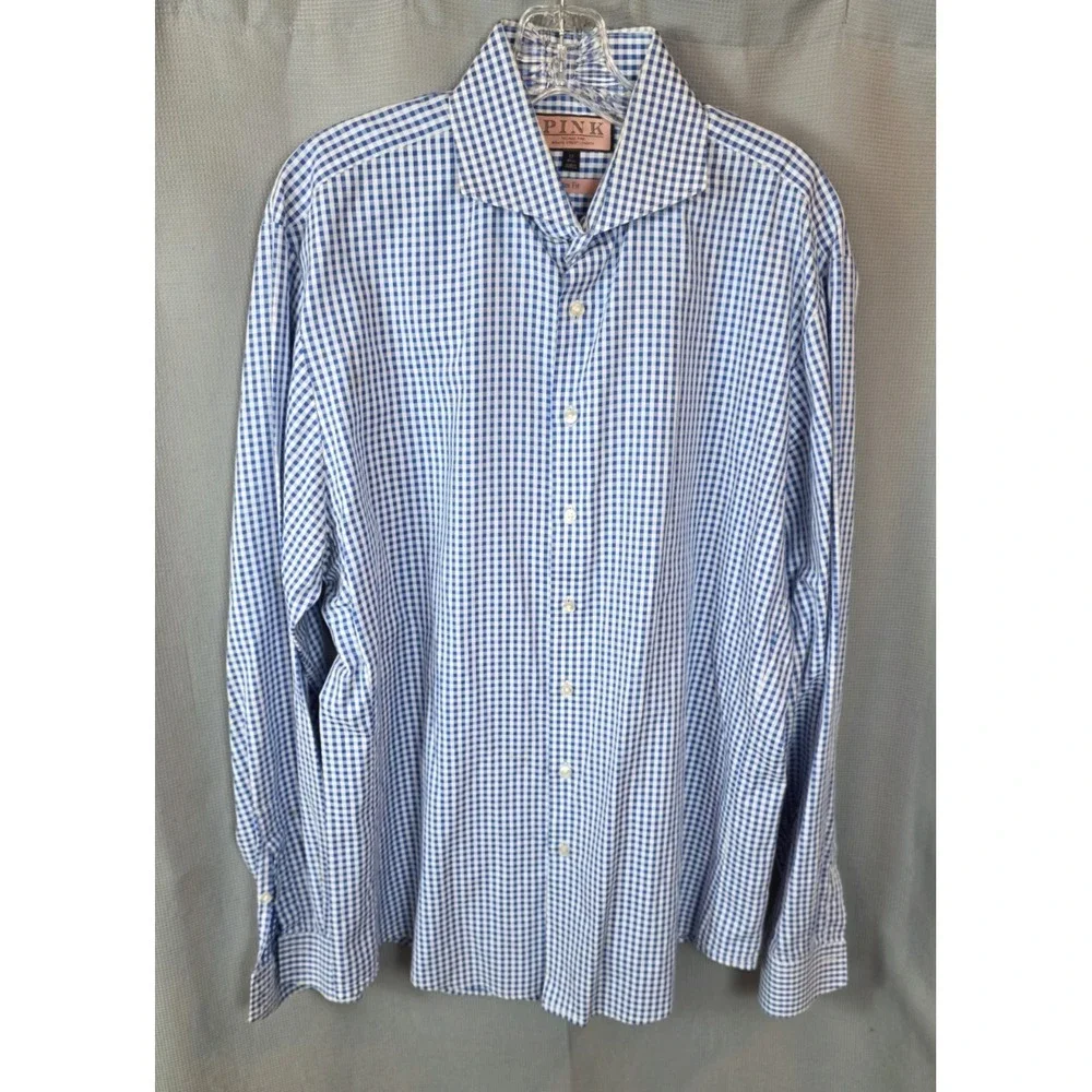 Thomas Pink Dress Shirt Mens 17 Blue Gingham Slim Fit Long Sleeve - Picture 1 of 8